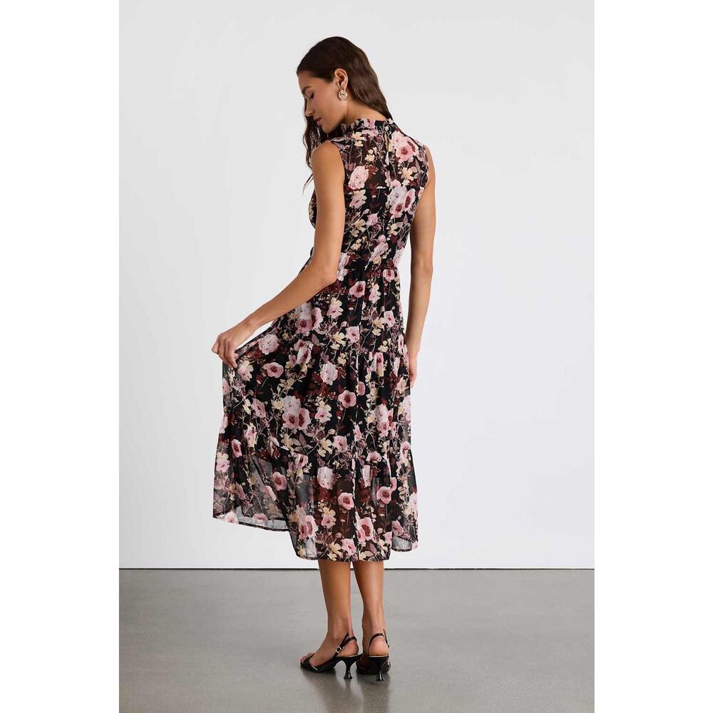 NWT Lulus In My Dreams Black and Pink Floral Print Midi Dress Tiered Cruise Sz S - Picture 3 of 8